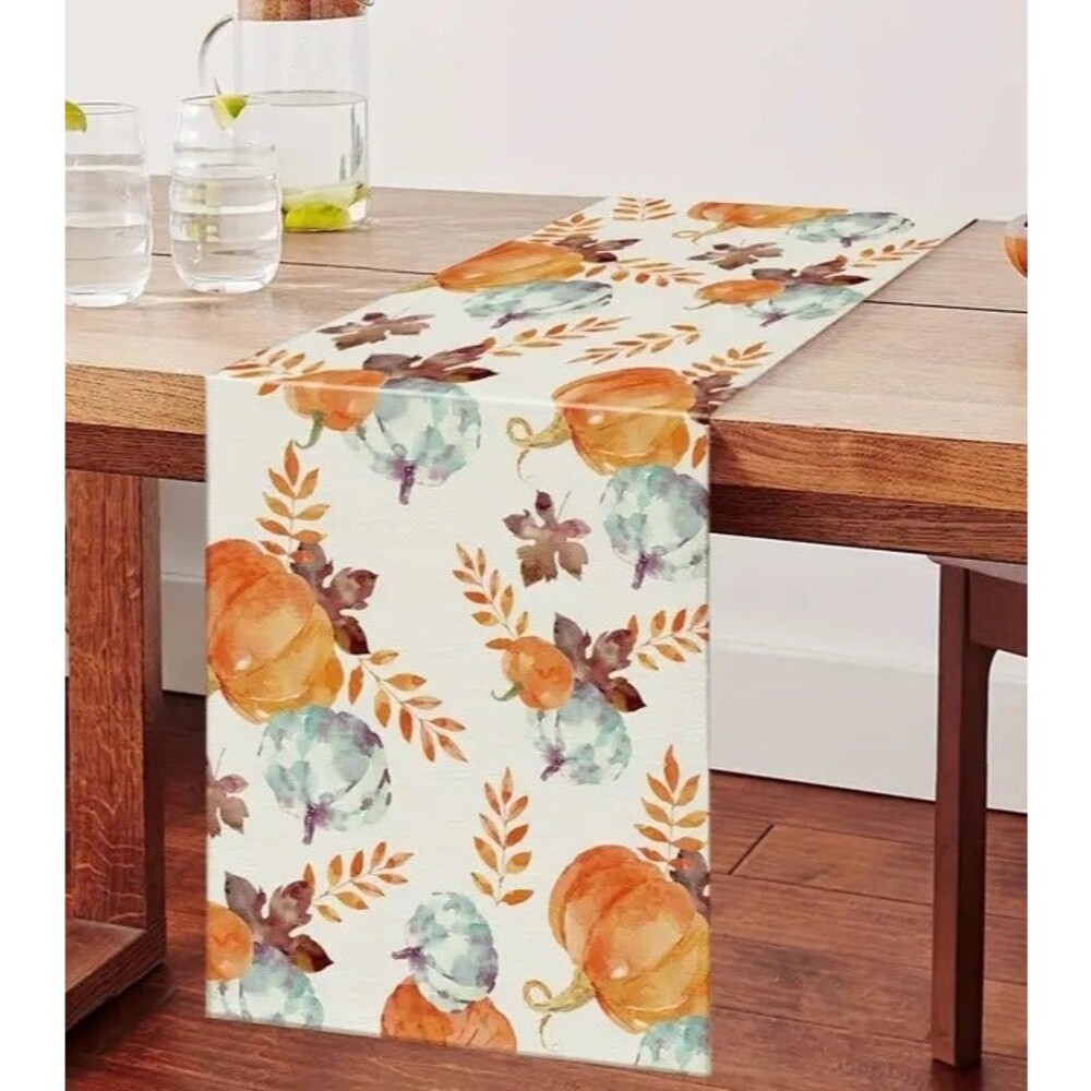 Fall Table Runner 13x72 Pumpkin Leaves Woven Polyester
